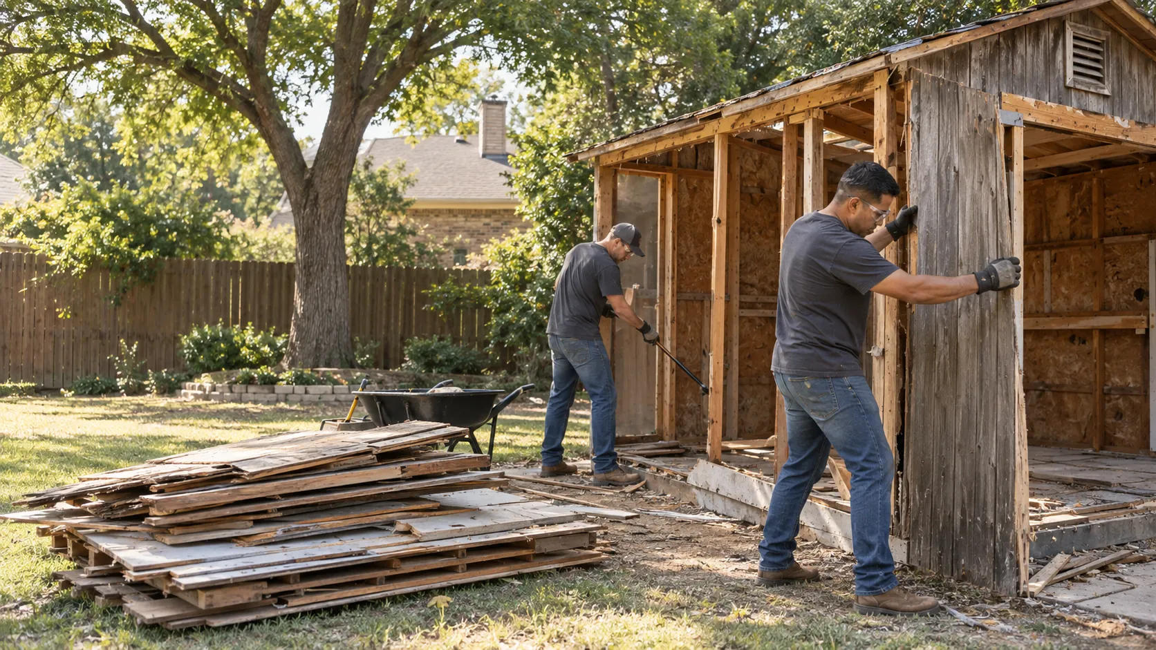 Crew dismantling a weathered wooden shed in a residential backyard